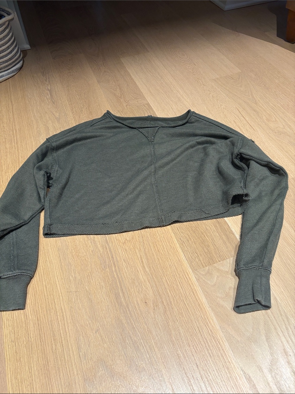 aerie Olive Green Cropped Waffle Knit Long Sleeve Top